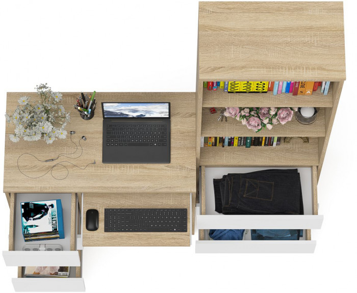 Мори компьютерный стол МС-6 левый + Стеллаж МСТ600.3, дуб сонома/белый