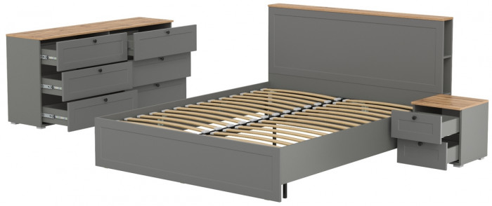 Остин 11.53 Кровать + ортопед + 16.240 Комод + 16.152 Тумба прикроватная, серый графит/дуб крафт золотой