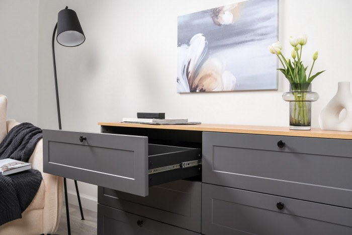 Остин 11.53 Кровать + ортопед + 16.240 Комод + 16.152 Тумба прикроватная, серый графит/дуб крафт золотой