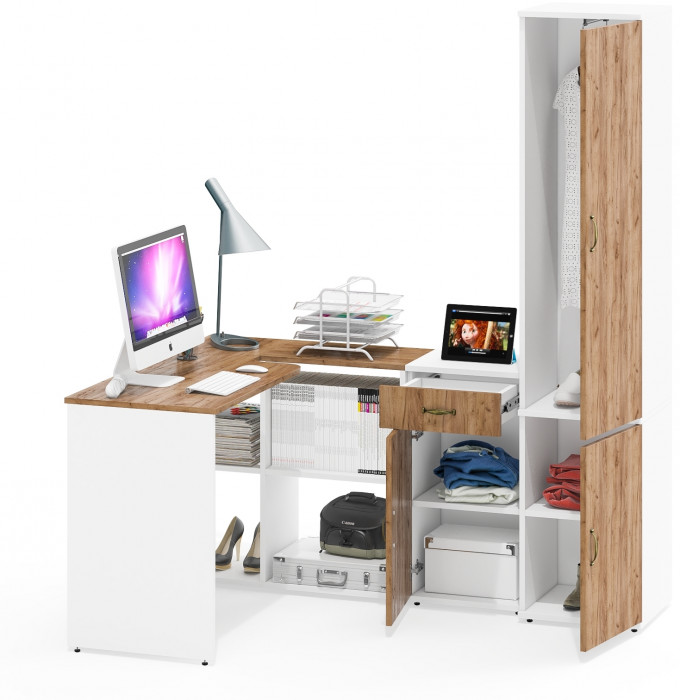 Лидер-8 Стол + Тумба МД 3.15 + Пенал МД 21Б, цвет белый шагрень/крафт золото, ШхГхВ 245х50/37,5х75/190 или 115х160/50х75/190 см., НЕ ун. сборка