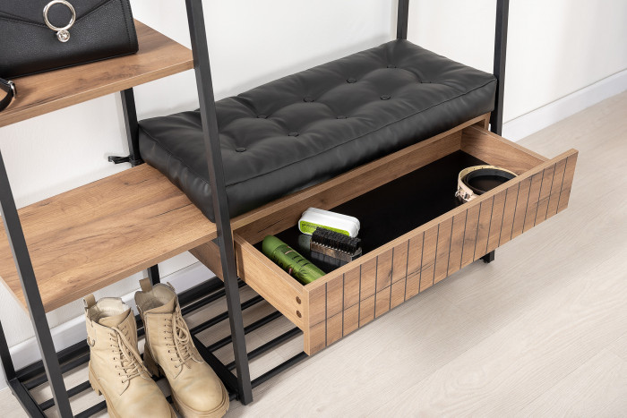 Гранд 15.124N Прихожая, цвет дуб крафт табачный/искуственная кожа чёрная, ШхГхВ 116х38,6х203,4 см., универс. сборка, съёмные решётки для обуви, ящик