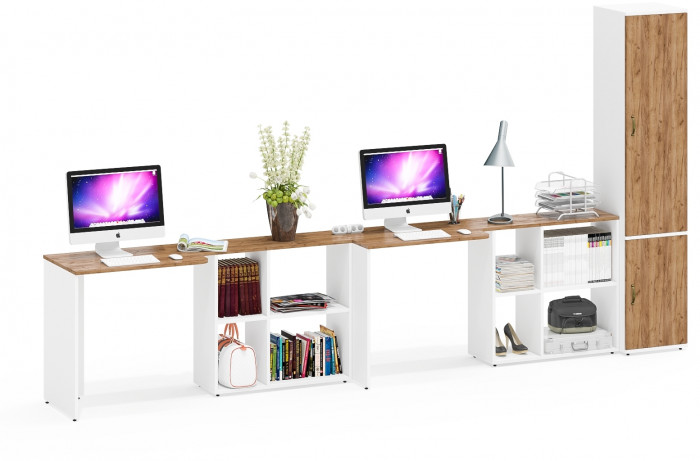 Лидер-8 Стол + Стол + Пенал МД 21Б, белый шагрень/крафт золото