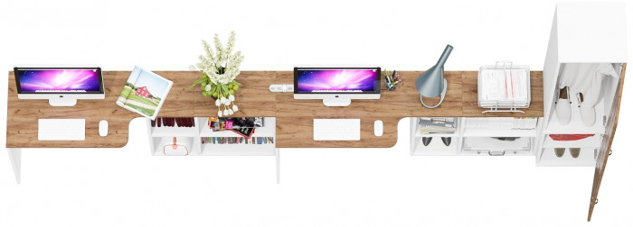 Лидер-8 Стол + Стол + Пенал МД 21Б, белый шагрень/крафт золото