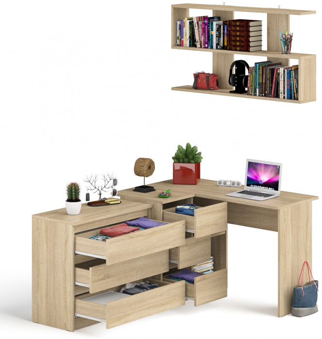Мори компьютерный стол МС-16 левый + Комод МК800.1 + Полка 1200, дуб сонома