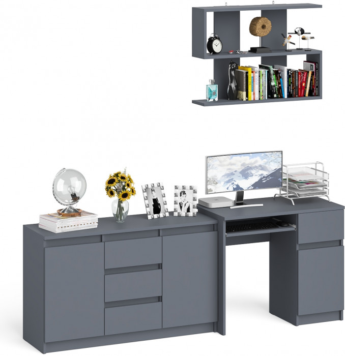 Мори Стол компьютерный МС-1 правый + Комод МК1200.3 + Полка 900, цвет графит, ШхГхВ 210,4х50х209,6 см., НЕ универсальная сборка