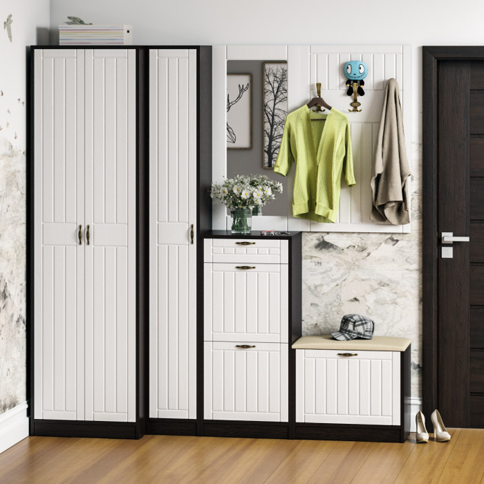 Прихожая П-6 Тумба для обуви 2 секции, венге/фасады МДФ белое дерево фрезеровка прованс