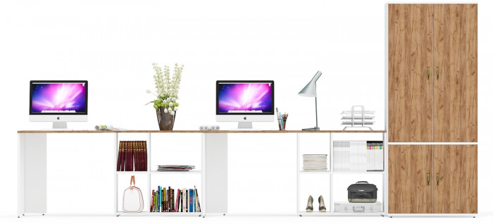 Лидер-8 Стол + Стол + Шкаф МД 19Б, белый шагрень/крафт золото