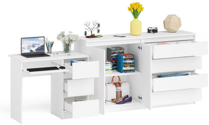 Мори компьютерный стол МС-6 правый + Комод МК1600.1, белый