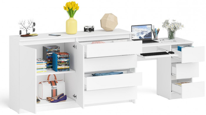 Мори компьютерный стол МС-6 правый + Комод МК1600.1, белый