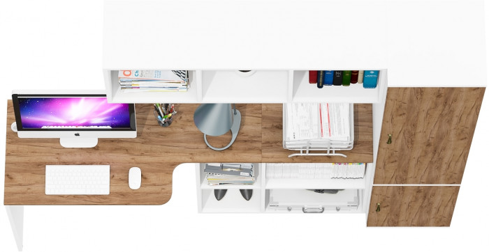 Лидер-8 Стол + Полка + Пенал МД 22Б, цвет белый шагрень/крафт золото, ШхГхВ 205х50/37,5х75/190 или 115х50/120х75/190 см., НЕ универсальная сборка