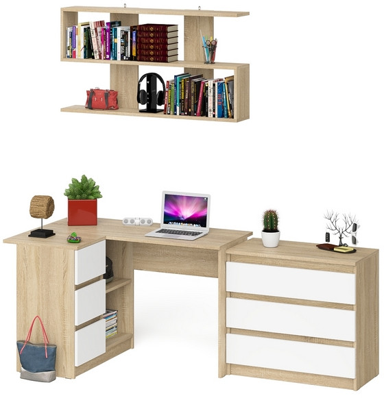 Мори компьютерный стол МС-16 левый + Комод МК800.1 + Полка 1200, дуб сонома/белый