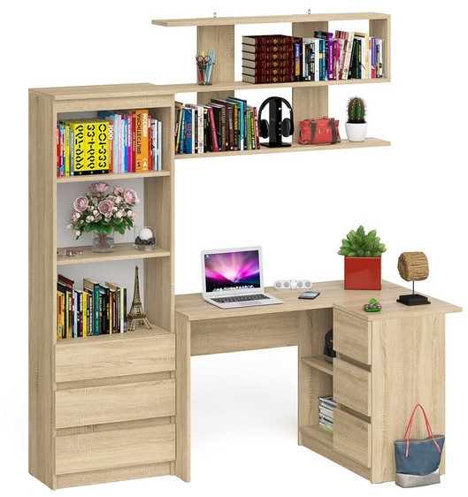 Мори компьютерный стол МС-16 правый + Стеллаж МСТ600.3 + Полка 1200, дуб сонома