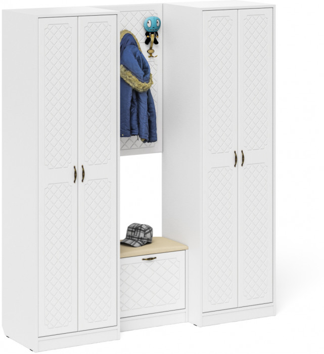 Прихожая П-6 Компоновка № 09, цвет белая шагрень/фасады МДФ белое дерево фрезеровка ромб, ШхГхВ 180х50х210 см., универсальная сборка