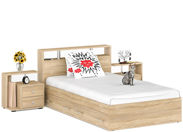 Камелия Кровать с ящиками 1200 + две тумбы, дуб сонома