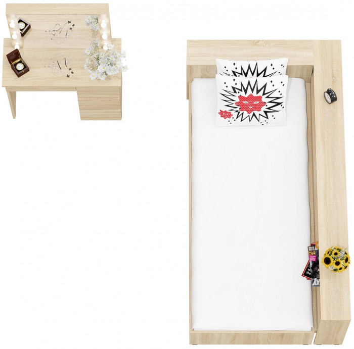 Ксения Кровать с ящиками 0900 + прикроватный блок + Столик с подсветкой Сура, дуб сонома