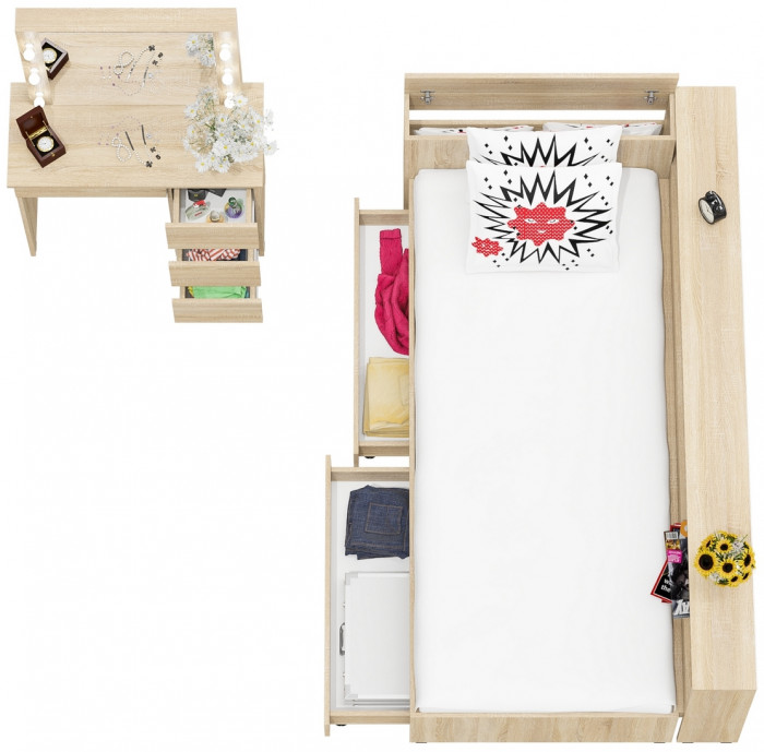 Ксения Кровать с ящиками 0900 + прикроватный блок + Столик с подсветкой Сура, дуб сонома