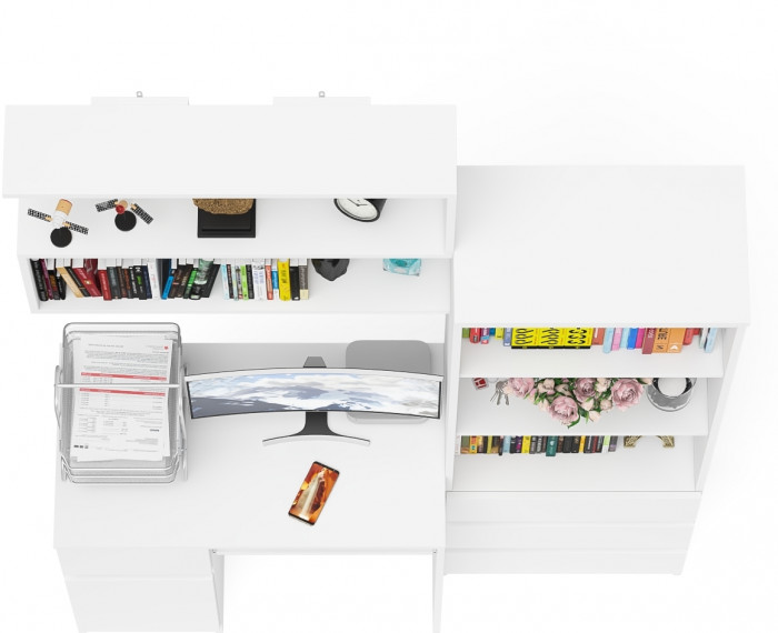 Мори Стол компьютерный МС-1 левый + Стеллаж МСТ600.3 + Полка 900, цвет белый, ШхГхВ 150,4х50х209,6 см., НЕ универсальная сборка