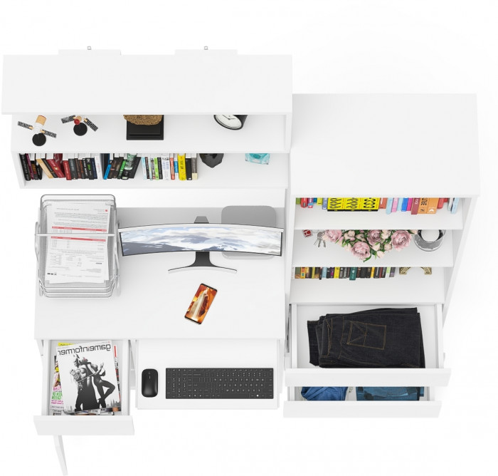 Мори Стол компьютерный МС-1 левый + Стеллаж МСТ600.3 + Полка 900, цвет белый, ШхГхВ 150,4х50х209,6 см., НЕ универсальная сборка