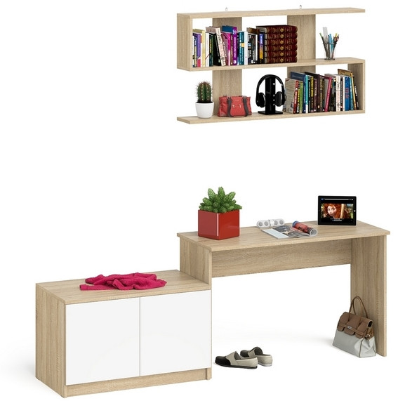 Мори Стол письменный МСП1200.1 + Тумба МА900.1 + Полка 1200, цвет дуб сонома/белый, ШхГхВ 210,8х50,4х209,6 см., универсальная сборка