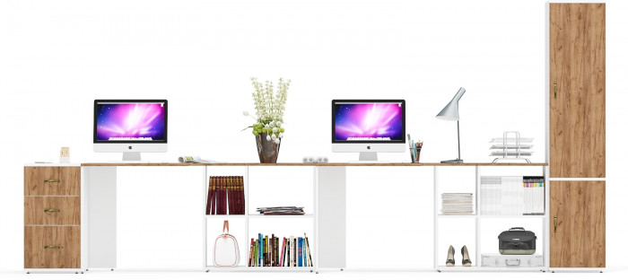 Лидер-8 Стол + Стол + Пенал МД 22Б + Тумба МД 3.16, белый шагрень/крафт золото