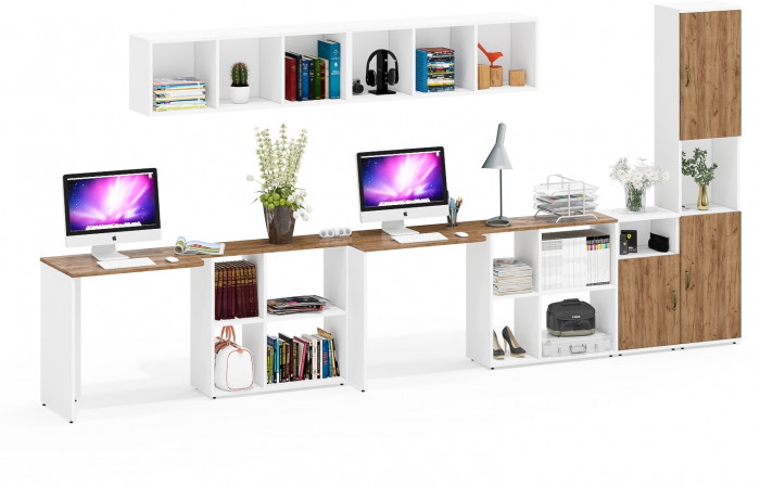 Лидер-8 Стол + Полка + Стол + Полка + Пенал + Тумба МД 3.19, цвет белый шагрень/крафт золото, 410х50/30х75/190 или 230х50/160х75/190 см., НЕ ун. сб.