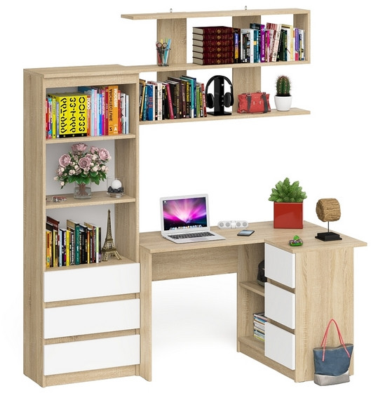 Мори компьютерный стол МС-16 правый + Стеллаж МСТ600.3 + Полка 1200, дуб сонома/белый