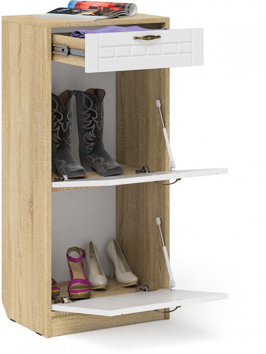Прихожая П-6 Тумба для обуви 2 секции, дуб сонома/фасады МДФ белое дерево фрезеровка прованс