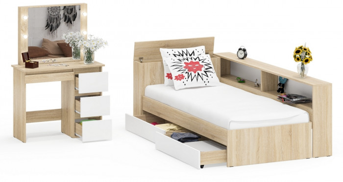 Ксения Кровать с ящиками 0900 + прикроватный блок + Столик с подсветкой Сура, дуб сонома/белый