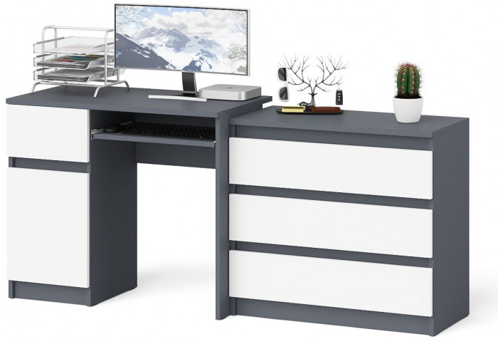 Мори компьютерный стол МС-1 левый + Комод МК800.1, графит/белый