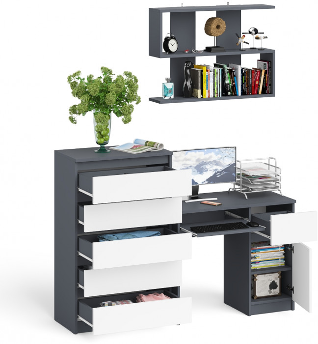 Мори компьютерный стол МС-1 правый + Комод МК700.5 + Полка 900, графит/белый