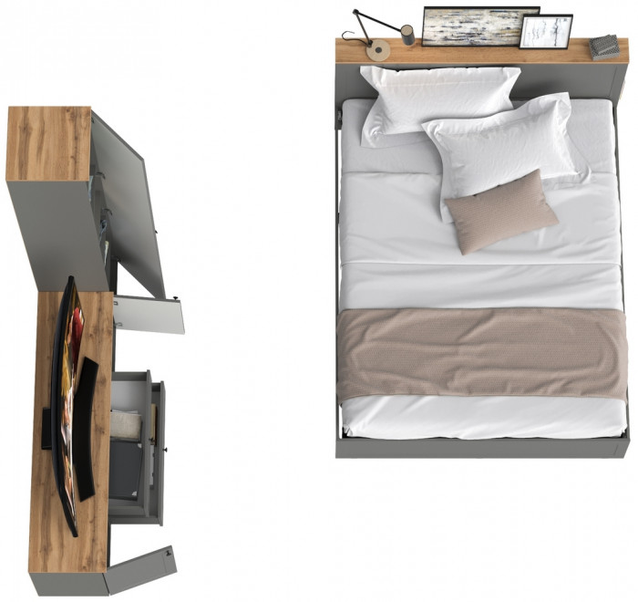 Остин 11.53 Кровать + ортопед + 13.227 Шкаф-пенал + 16.47 Тумба под ТВ, серый графит/дуб крафт золотой