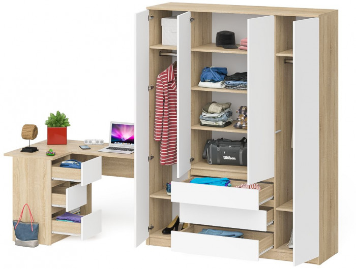Мори Стол компьютерный МС-16 левый + Шкаф МШ1600.1, цвет дуб сонома/белый, ШхГхВ 284,8х84,9х209,6 см., выдвижные ящики слева, НЕ универсальная сборка