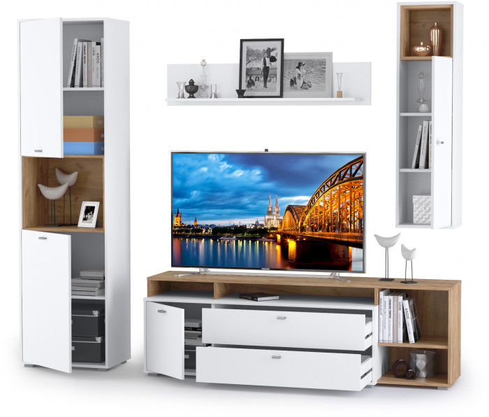 Бэль № 03, цвет дуб крафт золотой/белый премиум, ШхГхВ 240х43х200 см., ниша для ТВ 139х40х120 см., НЕ универсальная сборка