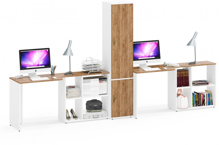 Лидер-8 Стол + Стол + Пенал МД 22Б, белый шагрень/крафт золото