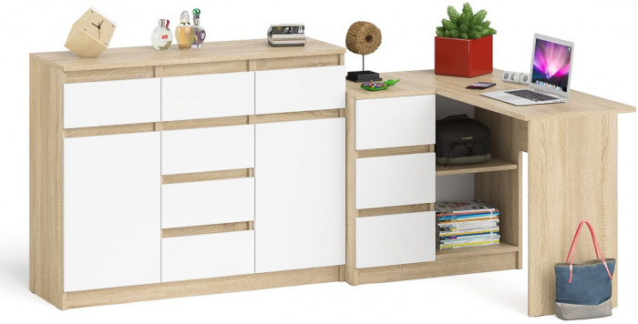 Мори Стол компьютерный МС-16 левый + Комод МК1200.4, цвет дуб сонома/белый, ШхГхВ 244,8х84,9х94 см., выдвижные ящики слев, НЕ универсальная сборкаа