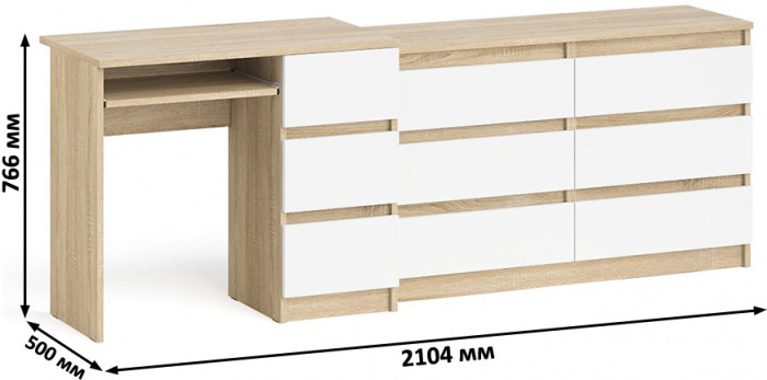 Мори Стол компьютерный МС-6 правый + Комод МК1200.6, цвет дуб сонома/белый, ШхГхВ 210,4х50х76,6 см., выдвижные ящики справа, НЕ универсальная сборка