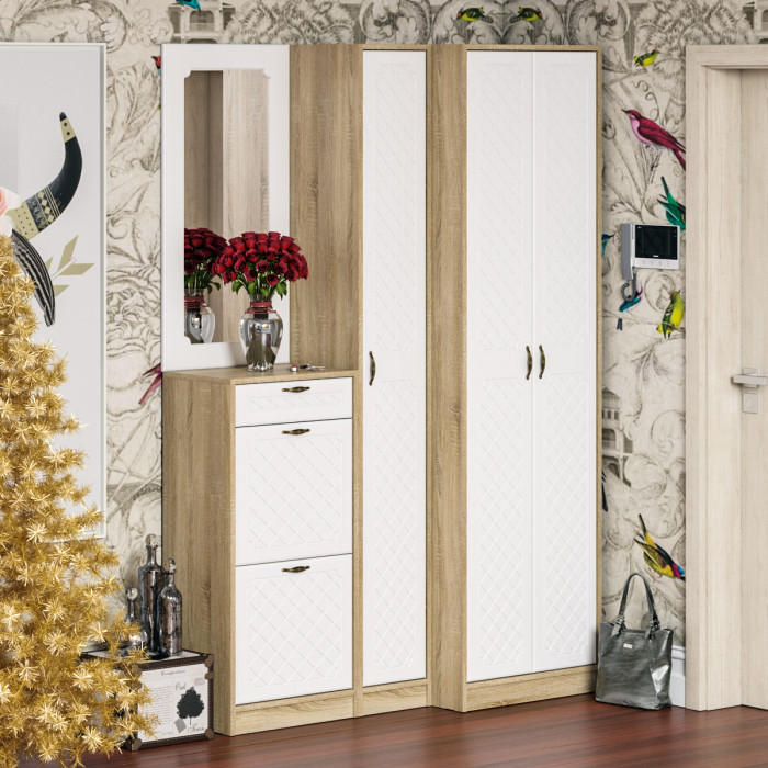 Прихожая П-6 Тумба для обуви 2 секции, дуб сонома/фасады МДФ белое дерево фрезеровка ромб