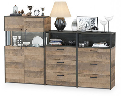 Трувор 13.306 Комод с витриной + 13.307.02 Комод с ящиками + 13.307.02 Комод с ящ., дуб гранж песочный/интра