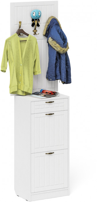 Прихожая П-6 Тумба для обуви 2 секции + Вешалка, цвет белая шагрень/фасады МДФ белое дерево фрезеровка прованс, ШхГхВ 50х35х210 см.