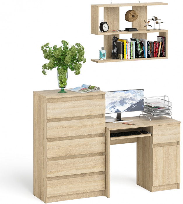 Мори компьютерный стол МС-1 правый + Комод МК700.5 + Полка 900, дуб сонома