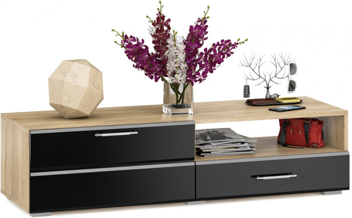 Тумба под ТВ Ларго 1, корпус дуб сонома/фасады МДФ чёрный глянец