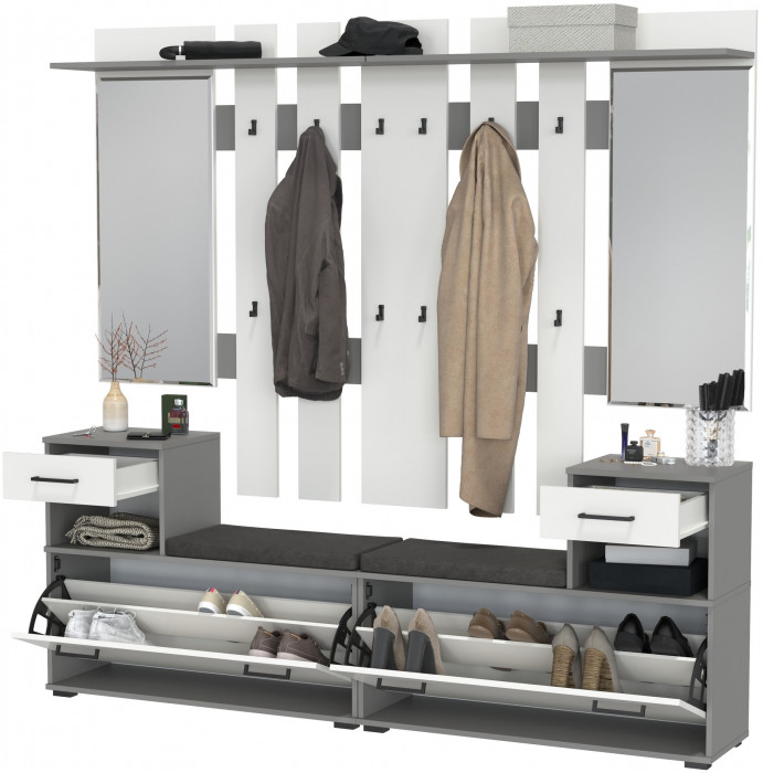 Лира ГК Прихожая 2 Два х Тумба под обувь + Два х Вешалка с зеркалом, графит/белый