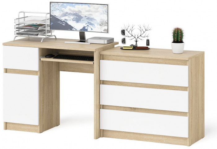 Мори компьютерный стол МС-1 левый + Комод МК800.1, дуб сонома/белый