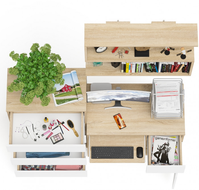 Мори компьютерный стол МС-1 правый + Комод МК700.5 + Полка 900, дуб сонома/белый