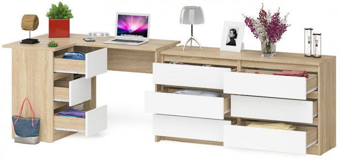 Мори компьютерный стол МС-16 левый + Комод МК1380.6, дуб сонома/белый