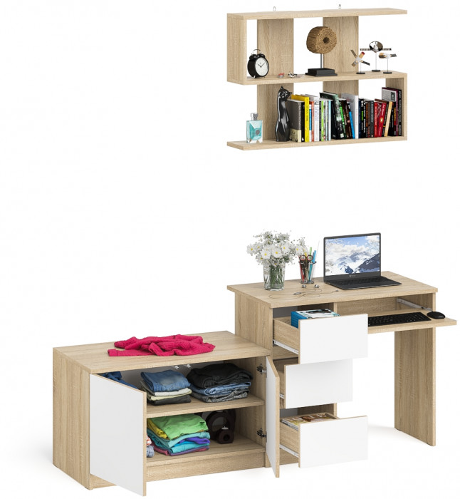 Мори компьютерный стол МС-6 левый + Тумба МА900.1 + Полка 900, дуб сонома/белый