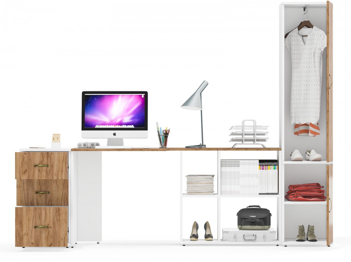 Лидер-8 Стол + Тумба МД 3.16 + Пенал МД 21Б, цвет белый шагрень/крафт золото, ШхГхВ 245х50/37,5х75/190 или 155х120/50х75/190 см., НЕ ун. сборка