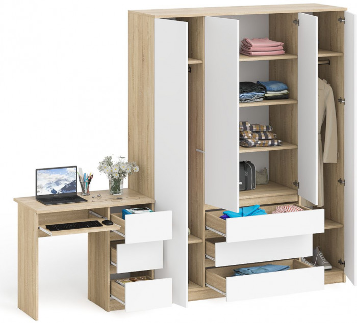 Мори Стол компьютерный МС-6 правый + Шкаф МШ1600.1, цвет дуб сонома/белый, ШхГхВ 250,4х50,4х209,6 см., выдвижные ящики справа, НЕ универсальная сборка