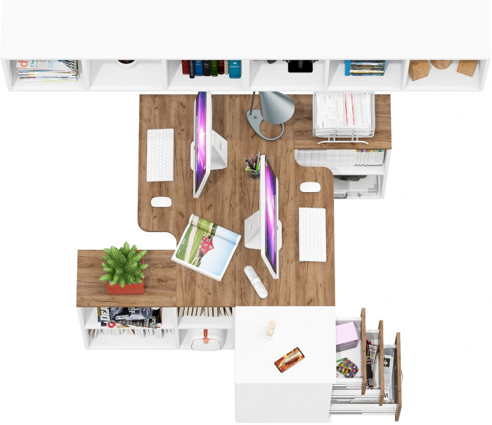 Лидер-8 Стол + Полка + Стол + Полка + Тумба МД 3.16, цвет белый шагрень/крафт золото, ШхГхВ 370х50/30х75/190 или 270х80/50х75/190 , НЕ универс. сборка