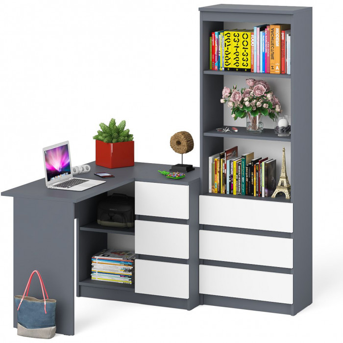 Мори компьютерный стол МС-16 правый + Стеллаж МСТ600.3, графит/белый